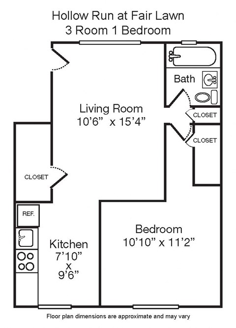 Floor plan for 1 bed, 1 bath